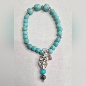 Vintage Boho Turquoise Beaded Owl Charm Bracelet